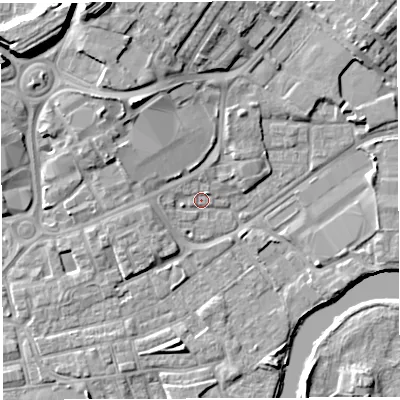 Shaded relief map of the ground around WA12EH, computed from Environment Agency LiDAR. The ground here sits at about 8 m above sea level and falls 14 m across the surrounding 800 m. Surface water reaching this point runs off ground lying to the west, 1.6 m higher.