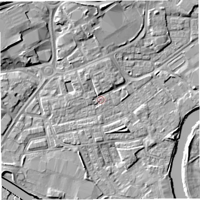 Shaded relief map of the ground around WA12EJ, computed from Environment Agency LiDAR. The ground here sits at about 8 m above sea level and falls 15 m across the surrounding 800 m. Surface water reaching this point runs off ground lying to the north, 2.1 m higher.