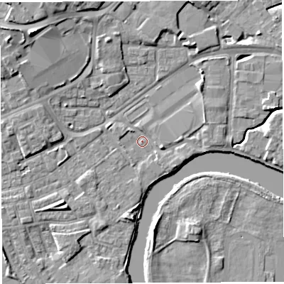 Shaded relief map of the ground around WA12EL, computed from Environment Agency LiDAR. The ground here sits at about 8 m above sea level and falls 9 m across the surrounding 800 m. Surface water reaching this point runs off ground lying to the north-west, 7.6 m higher.
