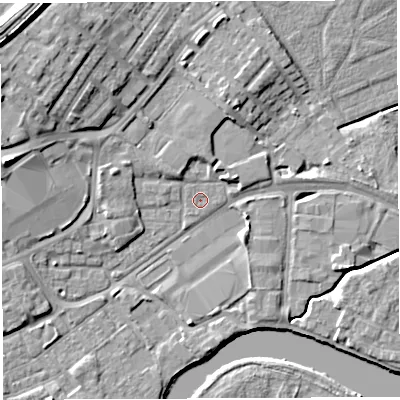 Shaded relief map of the ground around WA12EP, computed from Environment Agency LiDAR. The ground here sits at about 8 m above sea level and falls 13 m across the surrounding 800 m. The ground contributing surface water to this point lies to the north-north-west.