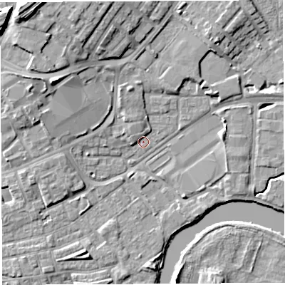 Shaded relief map of the ground around WA12ER, computed from Environment Agency LiDAR. The ground here sits at about 8 m above sea level and falls 14 m across the surrounding 800 m. Surface water reaching this point runs off ground lying to the north-west, 11.5 m higher.