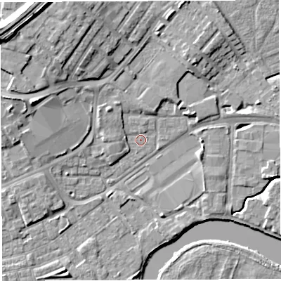 Shaded relief map of the ground around WA12ES, computed from Environment Agency LiDAR. The ground here sits at about 8 m above sea level and falls 14 m across the surrounding 800 m. Surface water reaching this point runs off ground lying to the west-north-west, 2.2 m higher.