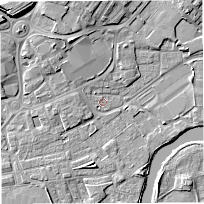 Shaded relief map of the ground around WA12ET, computed from Environment Agency LiDAR. The ground here sits at about 8 m above sea level and falls 14 m across the surrounding 800 m. Surface water reaching this point runs off ground lying to the north-west, 1.4 m higher.