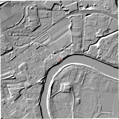 Shaded relief map of the ground around WA12FU, computed from Environment Agency LiDAR. The ground here sits at about 8 m above sea level and falls 9 m across the surrounding 800 m. Surface water reaching this point runs off ground lying to the north-west, 9.1 m higher.