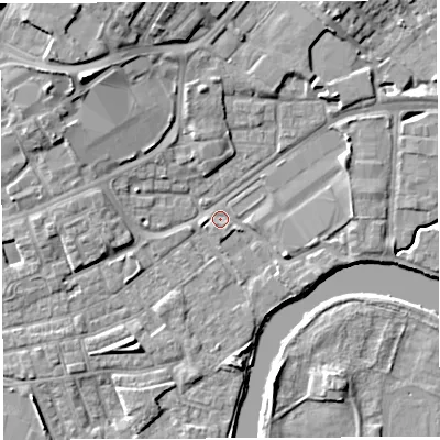 Shaded relief map of the ground around WA12FZ, computed from Environment Agency LiDAR. The ground here sits at about 8 m above sea level and falls 11 m across the surrounding 800 m. Surface water reaching this point runs off ground lying to the west, 1.2 m higher.