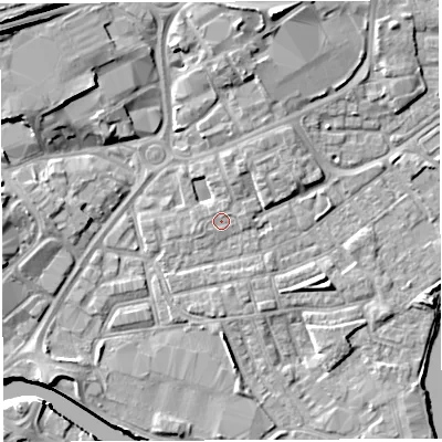 Shaded relief map of the ground around WA12GE, computed from Environment Agency LiDAR. The ground here sits at about 8 m above sea level and falls 15 m across the surrounding 800 m. Surface water reaching this point runs off ground lying to the west-south-west, 0.7 m higher.