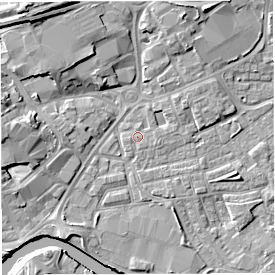 Shaded relief map of the ground around WA12GG, computed from Environment Agency LiDAR. The ground here sits at about 8 m above sea level and falls 15 m across the surrounding 800 m. Surface water reaching this point runs off ground lying to the east-south-east, 0.9 m higher.
