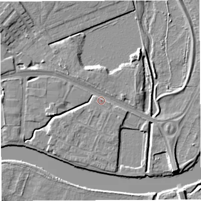 Shaded relief map of the ground around WA12GJ, computed from Environment Agency LiDAR. The ground here sits at about 9 m above sea level and falls 6 m across the surrounding 800 m. Surface water reaching this point runs off ground lying to the north-north-west, 1.8 m higher.