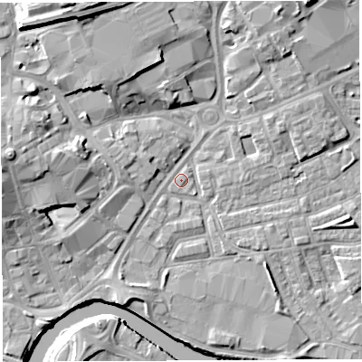 Shaded relief map of the ground around WA12GL, computed from Environment Agency LiDAR. The ground here sits at about 8 m above sea level and falls 15 m across the surrounding 800 m. Surface water reaching this point runs off ground lying to the west, 6.0 m higher.
