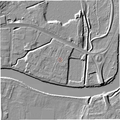Shaded relief map of the ground around WA12GP, computed from Environment Agency LiDAR. The ground here sits at about 9 m above sea level and falls 6 m across the surrounding 800 m. Surface water reaching this point runs off ground lying to the north, 0.6 m higher.
