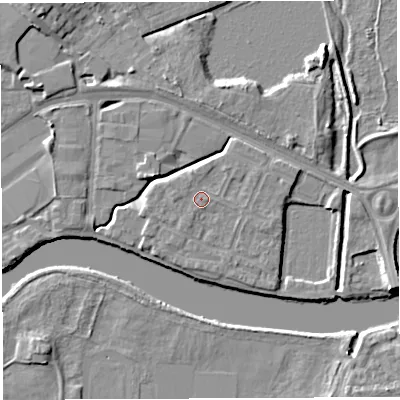 Shaded relief map of the ground around WA12GQ, computed from Environment Agency LiDAR. The ground here sits at about 9 m above sea level and falls 6 m across the surrounding 800 m. Surface water reaching this point runs off ground lying to the west, 0.9 m higher.
