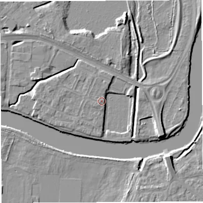 Shaded relief map of the ground around WA12GR, computed from Environment Agency LiDAR. The ground here sits at about 9 m above sea level and falls 6 m across the surrounding 800 m. Surface water reaching this point runs off ground lying to the west, 2.9 m higher.