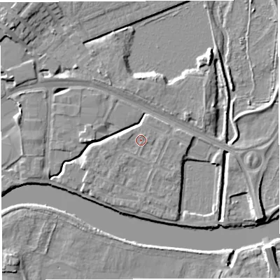 Shaded relief map of the ground around WA12GS, computed from Environment Agency LiDAR. The ground here sits at about 9 m above sea level and falls 6 m across the surrounding 800 m. Surface water reaching this point runs off ground lying to the west-south-west, 0.9 m higher.