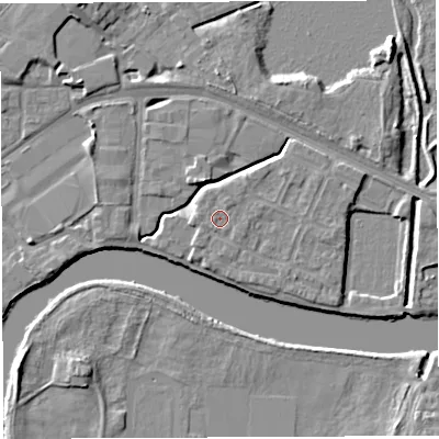 Shaded relief map of the ground around WA12GT, computed from Environment Agency LiDAR. The ground here sits at about 9 m above sea level and falls 6 m across the surrounding 800 m. Surface water reaching this point runs off ground lying to the north-north-east, 0.7 m higher.
