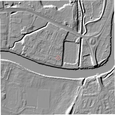 Shaded relief map of the ground around WA12GU, computed from Environment Agency LiDAR. The ground here sits at about 9 m above sea level and falls 6 m across the surrounding 800 m. Surface water reaching this point runs off ground lying to the west-north-west, 0.9 m higher.