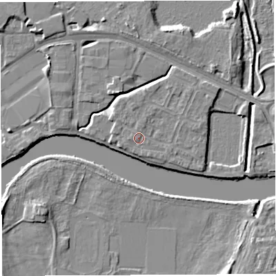 Shaded relief map of the ground around WA12GW, computed from Environment Agency LiDAR. The ground here sits at about 9 m above sea level and falls 6 m across the surrounding 800 m. Surface water reaching this point runs off ground lying to the north, 1.0 m higher.