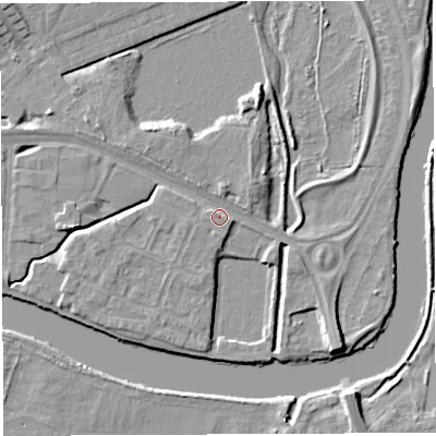 Shaded relief map of the ground around WA12GX, computed from Environment Agency LiDAR. The ground here sits at about 9 m above sea level and falls 6 m across the surrounding 800 m. Surface water reaching this point runs off ground lying to the north, 1.8 m higher.