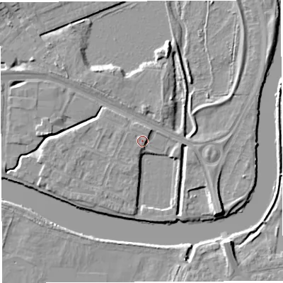 Shaded relief map of the ground around WA12GY, computed from Environment Agency LiDAR. The ground here sits at about 9 m above sea level and falls 6 m across the surrounding 800 m. Surface water reaching this point runs off ground lying to the west-south-west, 2.9 m higher.