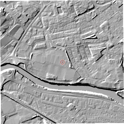 Shaded relief map of the ground around WA12GZ, computed from Environment Agency LiDAR. The ground here sits at about 8 m above sea level and falls 10 m across the surrounding 800 m. Surface water reaching this point runs off ground lying to the north-east, 1.7 m higher.
