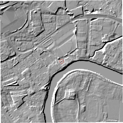 Shaded relief map of the ground around WA12HD, computed from Environment Agency LiDAR. The ground here sits at about 8 m above sea level and falls 9 m across the surrounding 800 m. Surface water reaching this point runs off ground lying to the north-west, 1.7 m higher.