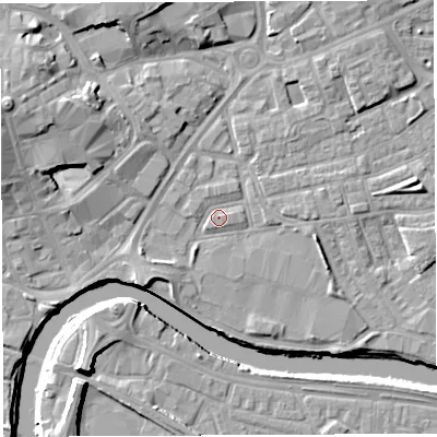 Shaded relief map of the ground around WA12HF, computed from Environment Agency LiDAR. The ground here sits at about 8 m above sea level and falls 13 m across the surrounding 800 m. Surface water reaching this point runs off ground lying to the east-south-east, 2.7 m higher.