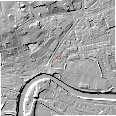 Shaded relief map of the ground around WA12HG, computed from Environment Agency LiDAR. The ground here sits at about 8 m above sea level and falls 13 m across the surrounding 800 m. Surface water reaching this point runs off ground lying to the east, 2.7 m higher.