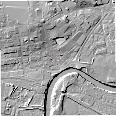 Shaded relief map of the ground around WA12HR, computed from Environment Agency LiDAR. The ground here sits at about 8 m above sea level and falls 13 m across the surrounding 800 m. Surface water reaching this point runs off ground lying to the north-north-west, 8.8 m higher.