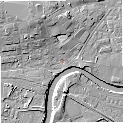 Shaded relief map of the ground around WA12HS, computed from Environment Agency LiDAR. The ground here sits at about 8 m above sea level and falls 13 m across the surrounding 800 m. Surface water reaching this point runs off ground lying to the north-north-west, 9.2 m higher.