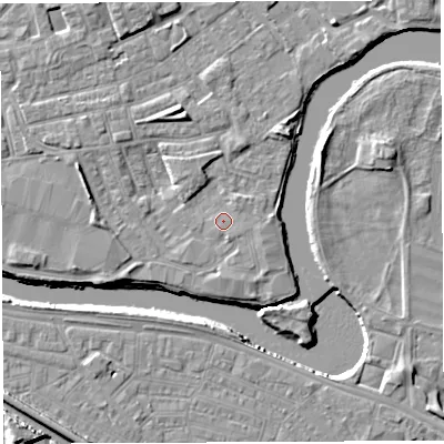 Shaded relief map of the ground around WA12HT, computed from Environment Agency LiDAR. The ground here sits at about 8 m above sea level and falls 8 m across the surrounding 800 m. Surface water reaching this point runs off ground lying to the south-south-east, 0.8 m higher.