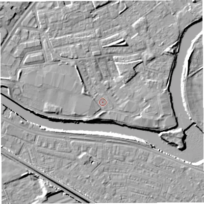Shaded relief map of the ground around WA12HZ, computed from Environment Agency LiDAR. The ground here sits at about 7 m above sea level and falls 8 m across the surrounding 800 m. The ground contributing surface water to this point lies to the east-north-east.