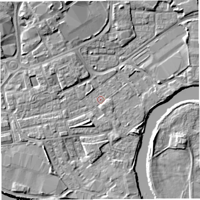 Shaded relief map of the ground around WA12JB, computed from Environment Agency LiDAR. The ground here sits at about 8 m above sea level and falls 11 m across the surrounding 800 m. Surface water reaching this point runs off ground lying to the south-south-west, 2.7 m higher.