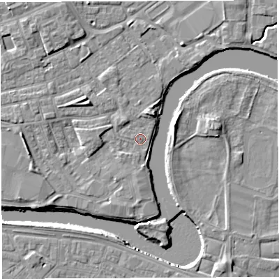 Shaded relief map of the ground around WA12JD, computed from Environment Agency LiDAR. The ground here sits at about 8 m above sea level and falls 7 m across the surrounding 800 m. Surface water reaching this point runs off ground lying to the north-west, 2.8 m higher.