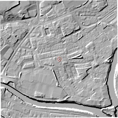 Shaded relief map of the ground around WA12JE, computed from Environment Agency LiDAR. The ground here sits at about 8 m above sea level and falls 10 m across the surrounding 800 m. The ground contributing surface water to this point lies to the north-east.