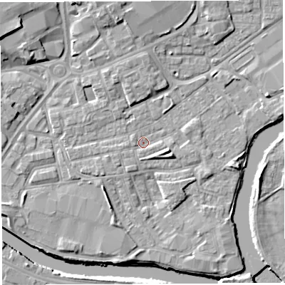 Shaded relief map of the ground around WA12JF, computed from Environment Agency LiDAR. The ground here sits at about 8 m above sea level and falls 10 m across the surrounding 800 m. Surface water reaching this point runs off ground lying to the east-south-east, 2.7 m higher.