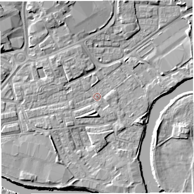 Shaded relief map of the ground around WA12JG, computed from Environment Agency LiDAR. The ground here sits at about 8 m above sea level and falls 9 m across the surrounding 800 m. Surface water reaching this point runs off ground lying to the south, 2.7 m higher.