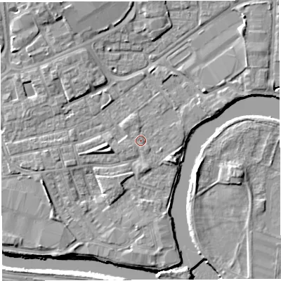 Shaded relief map of the ground around WA12JH, computed from Environment Agency LiDAR. The ground here sits at about 8 m above sea level and falls 9 m across the surrounding 800 m. Surface water reaching this point runs off ground lying to the east-south-east, 1.7 m higher.