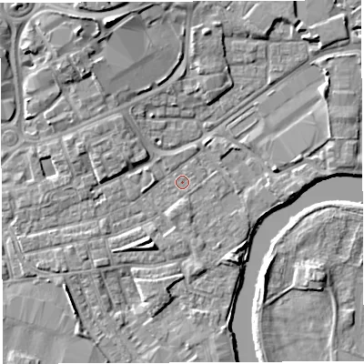 Shaded relief map of the ground around WA12JJ, computed from Environment Agency LiDAR. The ground here sits at about 8 m above sea level and falls 9 m across the surrounding 800 m. The ground contributing surface water to this point lies to the north-north-east.