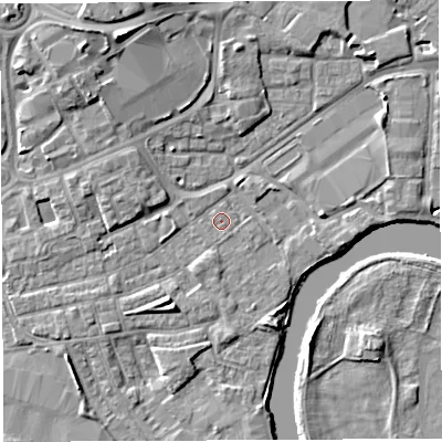 Shaded relief map of the ground around WA12JL, computed from Environment Agency LiDAR. The ground here sits at about 8 m above sea level and falls 9 m across the surrounding 800 m. Surface water reaching this point runs off ground lying to the south-east, 0.8 m higher.