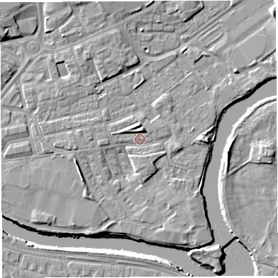 Shaded relief map of the ground around WA12JN, computed from Environment Agency LiDAR. The ground here sits at about 8 m above sea level and falls 8 m across the surrounding 800 m. Surface water reaching this point runs off ground lying to the west-north-west, 1.6 m higher.