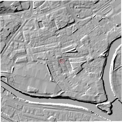 Shaded relief map of the ground around WA12JP, computed from Environment Agency LiDAR. The ground here sits at about 7 m above sea level and falls 10 m across the surrounding 800 m. Surface water reaching this point runs off ground lying to the north-west, 2.4 m higher.