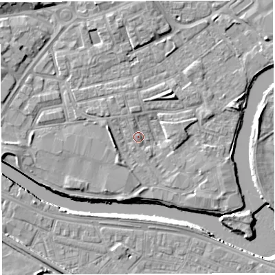 Shaded relief map of the ground around WA12JS, computed from Environment Agency LiDAR. The ground here sits at about 8 m above sea level and falls 8 m across the surrounding 800 m. Surface water reaching this point runs off ground lying to the north-north-west, 2.4 m higher.