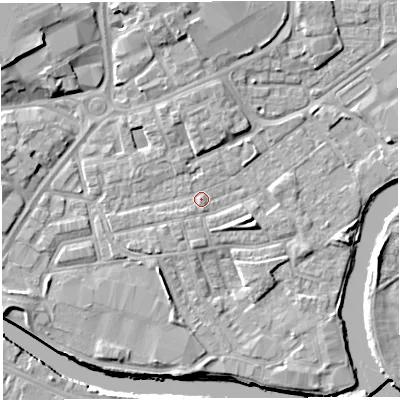 Shaded relief map of the ground around WA12JT, computed from Environment Agency LiDAR. The ground here sits at about 8 m above sea level and falls 10 m across the surrounding 800 m. Surface water reaching this point runs off ground lying to the south-west, 0.7 m higher.