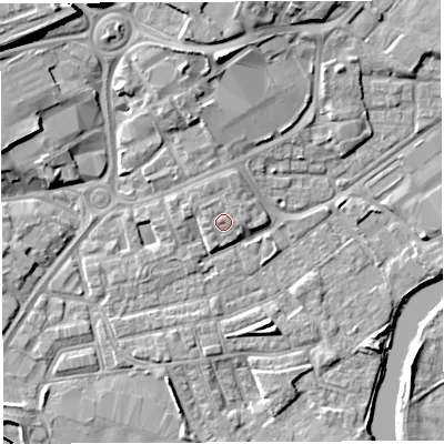 Shaded relief map of the ground around WA12JU, computed from Environment Agency LiDAR. The ground here sits at about 10 m above sea level and falls 16 m across the surrounding 800 m. Surface water reaching this point runs off ground lying to the north-north-west, 0.8 m higher.