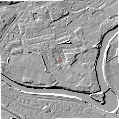 Shaded relief map of the ground around WA12JW, computed from Environment Agency LiDAR. The ground here sits at about 7 m above sea level and falls 8 m across the surrounding 800 m. Surface water reaching this point runs off ground lying to the north-north-west, 2.4 m higher.