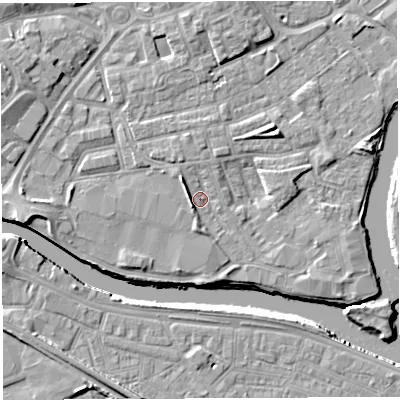 Shaded relief map of the ground around WA12JX, computed from Environment Agency LiDAR. The ground here sits at about 7 m above sea level and falls 8 m across the surrounding 800 m. Surface water reaching this point runs off ground lying to the north-west, 3.1 m higher.