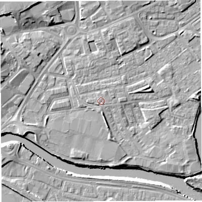 Shaded relief map of the ground around WA12JY, computed from Environment Agency LiDAR. The ground here sits at about 9 m above sea level and falls 10 m across the surrounding 800 m. Surface water reaching this point runs off ground lying to the south-south-east, 0.8 m higher.