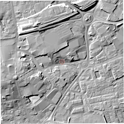 Shaded relief map of the ground around WA12NL, computed from Environment Agency LiDAR. The ground here sits at about 9 m above sea level and falls 13 m across the surrounding 800 m. Surface water reaching this point runs off ground lying to the north-north-east, 11.4 m higher.