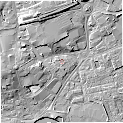 Shaded relief map of the ground around WA12NS, computed from Environment Agency LiDAR. The ground here sits at about 9 m above sea level and falls 16 m across the surrounding 800 m. Surface water reaching this point runs off ground lying to the south-south-west, 1.5 m higher.