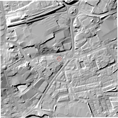 Shaded relief map of the ground around WA12NZ, computed from Environment Agency LiDAR. The ground here sits at about 8 m above sea level and falls 16 m across the surrounding 800 m. Surface water reaching this point runs off ground lying to the north, 12.2 m higher.