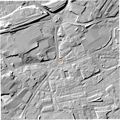 Shaded relief map of the ground around WA12PA, computed from Environment Agency LiDAR. The ground here sits at about 8 m above sea level and falls 13 m across the surrounding 800 m. Surface water reaching this point runs off ground lying to the north-north-west, 11.6 m higher.